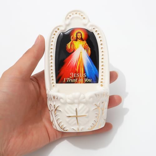 Image of KOMI Porcelain Divine Mercy Jesus Catholic Holy Water Font for Entrance of Home Church Wall Hanging Decor Religious Christian Gift Jesus I Trust in You Holy Water Holder