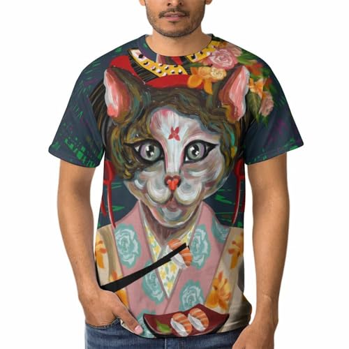 T-shirt chat japonais homme à col rond et manches courtes en coton