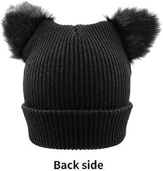 Women's Winter Beanie With Cat Ears - 2 Pom Poms, Chunky Knit, Soft Acrylic, Cute Cuff Hat