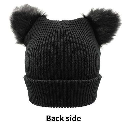 Women Winter Beanie Cute 2Pom Pom Cat Ears Cuff Hats Soft Warm Thick Beanies Chunky Knit Hat Girls Ski Skull Caps Black #TOP2