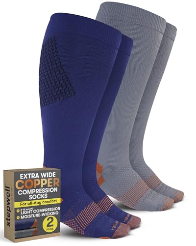 STEPWELL Copper Plus Size Compression Socks Wide Calf - 2 Pairs | Circulation Support for Swelling | Compression Socks for Women and Men Plus Size | Gray, Navy-3XL