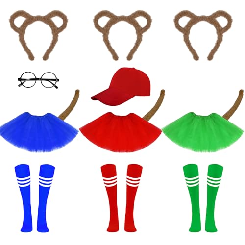 Sibosen 14 Pieces Chipmunks Costumes Set Include Chipmunk Ears Headband Tails Tutu Skirt Black Round Frame Glasses Red Cap and Striped Knee-High Socks for Adult Halloween Cosplay