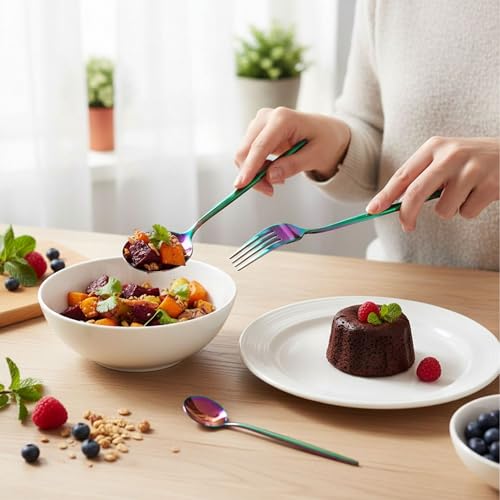 Image of 12 Pcs Rainbow Slim Handle Stainless Steel Cutlery Set for Dining Table with Spoons and Forks Set + Butterknives - The Perfect Tableware /Flatware