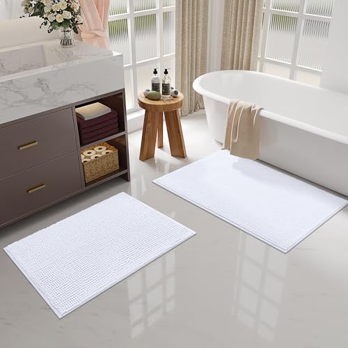 smiry Non Slip Chenille Bath Mat, 50 x 80 cm, Extra Soft Bathroom Mat, Super Absorbent Fluffy Bath Mats for Bathroom Floor, Machine-Washable Dry Bath Rug Foot Mat, White