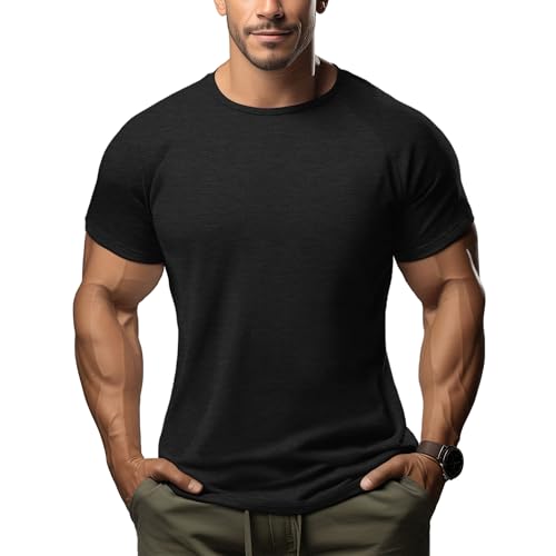 ineepor Merino Shirt Herren Slim Fit Extra lang Kurzarm Funktionsshirt Sportshirt Wandershirt UPF 50+ Kühlung Atmungsaktiv Schnelltrocknend Geruchshemmend Anti Schweiß Unterhemd Gym Fitness Trekking