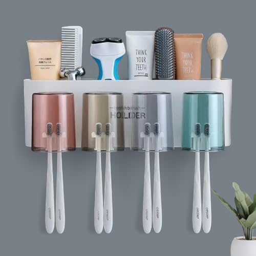 Image of Srxes Wall Mounted Toothbrush Holder, Bathroom Toothbrush Organizer with Mouthwash Cups, Brush Holder for Bathroom Wall Mounted, Tooth Brush Holder Bathroom, Toothbrush Holders for Bathroom Wall