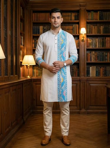 Image of Men's Jamdani Printed Kurta Pajama Set | Pure Cotton Ethnic Kurta with Mandarin Collar & Dupion Silk Pyjama | Festive & Weddings 303A12A 303SB12B(M XXL)