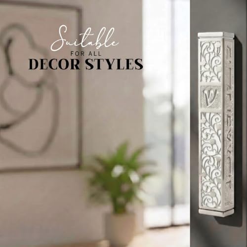 Image of SURI Mezuzah for Door with Scroll, 7 Inch Silver and White Mezuzah Case with Non Kosher Scroll Inside, Fits a up to 6 Inch Scroll, Includes Adhesive and Gift Box