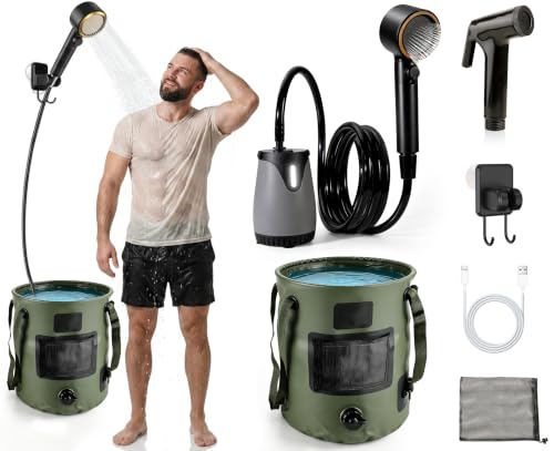 Ducha portátil para camping, bomba recargable 8000mAh con pantalla LED de temperatura y batería, balde plegable 25L, 5 niveles de rociado, impermeable IPX8, carga USB-C, ducha de campamento para interior y exterior miniatura 1