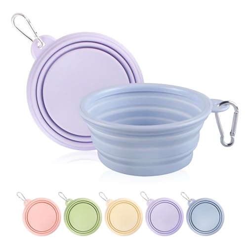 Collapsible Dog Bowls 2-Pack, Portable Travel Dog Bowl with Carabiner, Food-Grade Silicone Pet Bowl for Hiking, Walking (Macaron Blue and Violet)