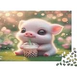 Cerdito Adorable Bebiendo Bebida Puzzle de 1000 Piezas Papel Puzzle para Adultos Campo de Flores Relajación Concentración Decoración Hogar Regalo 52x38cm/1000pcs