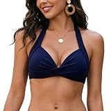 NLAND Parte Superior de Bikini para Mujer Triángulo Top de bañador con Cuello en V y Lazo en la Espalda Top de Bikini Clásico Push Up（Azul Marino，L）