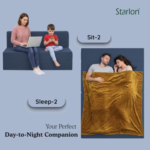 Image of Starlon 2 Seater Foldable Sofa Cum Bed 3-in-1 with 2 Waves Pattern Pillows, Washable Jute Fabric Cover, Space Saving Guest Bed, Pre-Assembled Royal Navy Blue 4x6 Ft