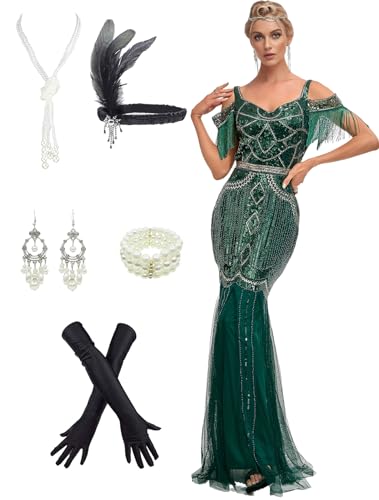 Image of Women Evening Maxi Long Dress 1920s Sequin Mermaid Hem Wedding Prom Gown Costume w / 20s Gatsby Accessories Set