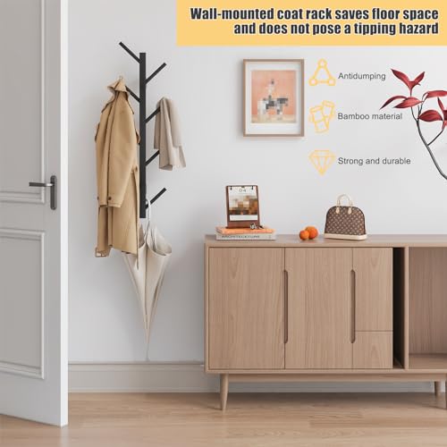 Furshus Coat Rack Wall Mount,Bamboo Vertical Hat Rack for Wall,Wall Coat Tree,Coat Hanger,Floating Coat Rack for Hats,Jackets,Bags,Entryway Bedroom (Black)