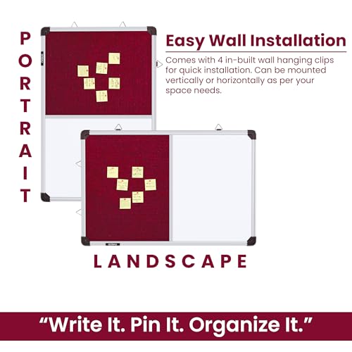 Image of GOSHU Combination 60 cm x41 cm Non Magnetic White Board with Maroon Pin-up Notice Board Includes 1 Duster, 1 Marker and 50 Push up pins for Home, Office & School (Maroon, 60x41 cm, Pack of 4 Items)