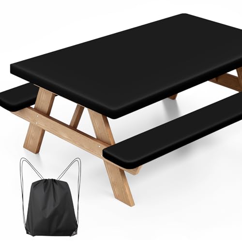 Picnic Table Cover with Bench Covers Fitted 6ft Waterproof Tablecloth Set for Outdoor Camping & RV - Includes 1 Table Cover & 2 Bench Covers with Drawstring Storage Bag 30x72 Solid Black