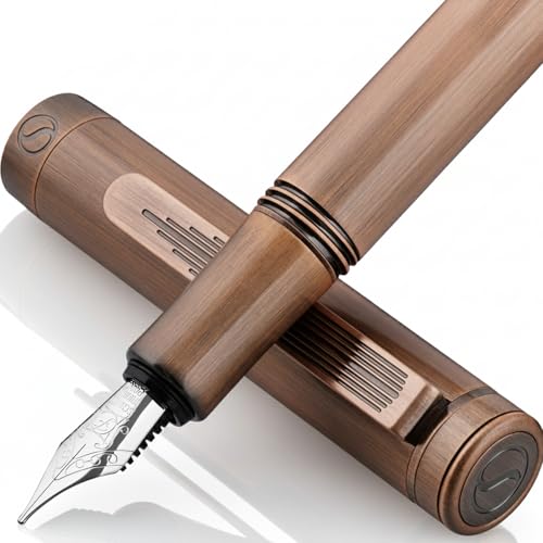 Scriveiner Luxury EDC Fountain Pen (Fine), Stunning Heavy Brass Pocket Pen, Hand Brushed Copper Finish, Schmidt German Nib Converter, Best Writing Pen Gift Set for Men Women, Nice Fancy Designer Pen