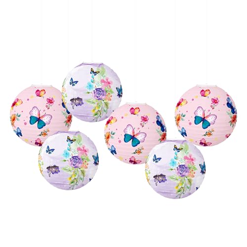 Image of Butterfly Paper Lanterns Butterfly Hanging Decorations Round Pink Paper Lanterns Ceiling Decorations for Birthday Baby Shower Theme Party Supplies Room Decor