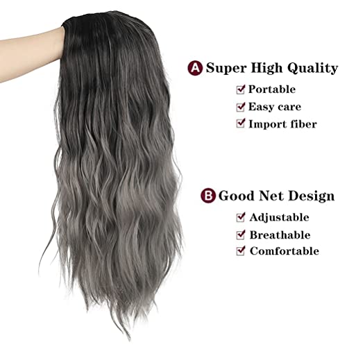 Sallcks Womens Ombre Grey Wig Long Curly Wavy Black Grey Middle Part Synthetic Wig Halloween Cosplay Costume Wig #TOP2