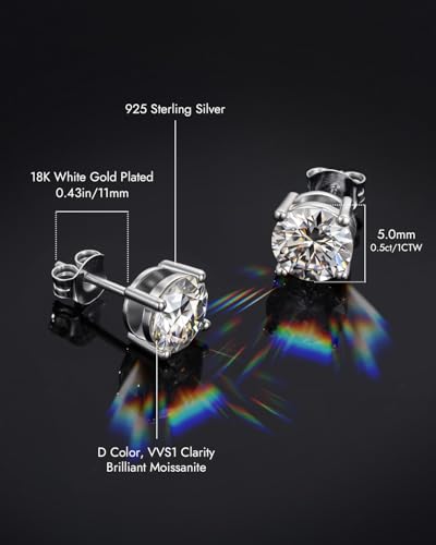 Elegant Moissanite Stud Earrings for Women and Men - 18K White Gold Plated 925 Sterling Silver - VVS Round Cut Lab Created Diamond Simulated Jewelry Gifts - Image 5