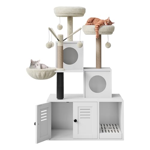 GAOMON Multi-Level Cat Tree Tower with Cat Scratching Posts, Litter Box Enclosure, Cat Houses & Condos | Hanging cat Toys, for Kittens & Adult Cat, Ea