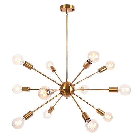 Oyipro Sputnik-ljuskrona, hängande ljusarmatur, 12 lampor, justerbar höjd, 3 stänger x 25 cm, mässing, för platta/sluttande tak, sovrum, vardagsrum, matsal, köksbelysning