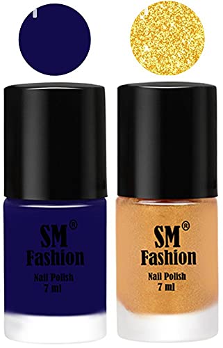 Image of Long Lasting Nail Polish | Nail Paint Combo 7 ml Each) - Set of 2 Dark Blue-Light Golden