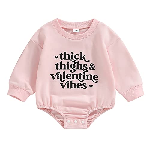 Newborn Baby Girls Valentine's Day Romper Sweatshirt Long Sleeve Letters Print Bodysuit Pullover Tops (Thick Thighs Pink, 6-12 Months)