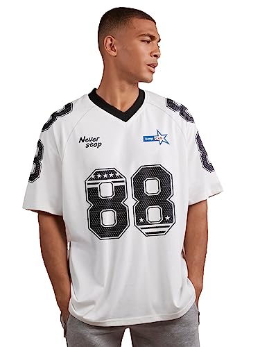 Image of Jump Cuts Mens Printed 3 /4th Sleeve V Neck White, Black Cottonblend Oversized T-Shirt