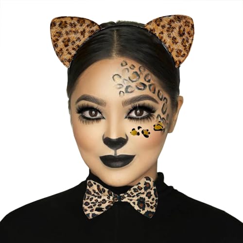 Nestre Cheetah Ears Headband Face Stickers Leopard Cat Ears Headpiece Leopard Print Accessories For Adult Halloween Party Cosplay Women thumb #4