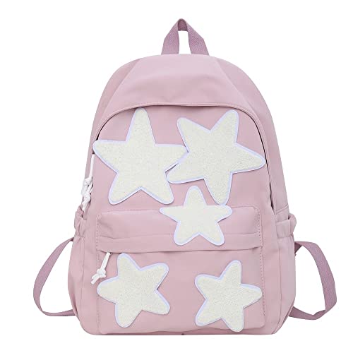 JHTPSLR Preppy Backpack Y2K Aesthetic Backpack Lambswool Stars Patchwork Backpack Cute Kawaii Stars Backpack Supplies Casual Daypack (Light Pink)