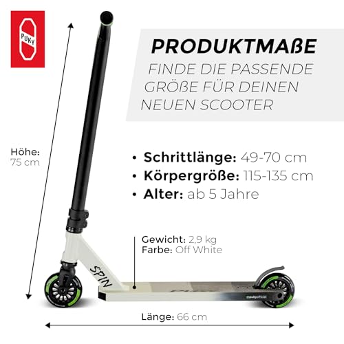 PUKY Spin | Hochwertiger Roller f&uuml;r Kinder 5+ | One Piece Bar Aluminium-Lenker | 100mm PU Rollen | Langlebig & Stabil | CNC-gefr&auml;stes Design | Optimale Kontrolle & Grip | Farbe Wei&szlig;