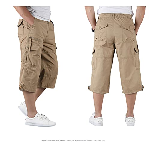 Men's Capri Cargo Shorts Military Tactical Hiking Relaxed Fit Below Knee Shorts 3/4 Cargo Shorts With Multi-Pockets Khaki 36-Tag Xl #TOP1