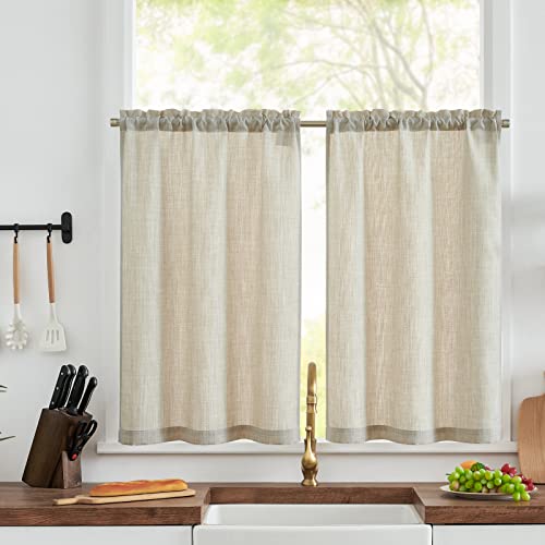 TOPICK Linen Optics Beige Kitchen Curtains 24 Inch Drop Small Cafe Curtains Light Filtering Curtain Tiers for Bathroom Sink Cupboard Rod Pocket 2 Panels