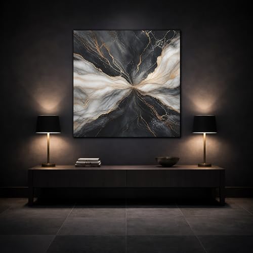 Tableau abstrait marbre noir et or 60x60cm pour salon moderne