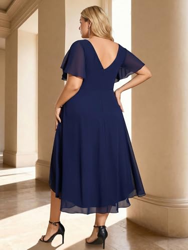 Image of Ever-Pretty Women's Spring Chiffon V-Neck Plus Size Formal Wedding Guest Dress Short Sleeves Cocktail Dresses for Curvy Women Navy Blue US10