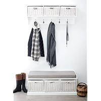 Tetbury Hallway Bench and Hanging Shelf Set | White Wicker Baskets, Cushion Seat, Tarnished Silver Coat Hooks | Storage Furniture in White, Dove Grey, Truffle, Sage Green. FULLY ASSEMBLED (white - G)