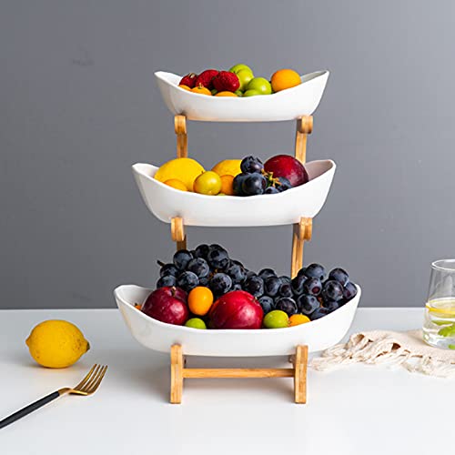 LOYALHEARTDY 3 Tier Fruit Basket Bowls Bamboo Ceramic Oval Fruit Stand Holder Tray Countertop Storage Vegetable Bread Snacks Candy Tray Rack for Kitchen Home Decor (white)