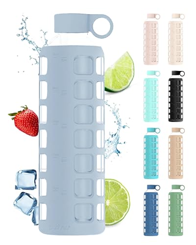 purifyou 40oz / 32oz / 22oz / 12oz Borosilicate Glass Water Bottle with Time & Volume Markers, Silicone Sleeve, Stainless Steel Lid | Reusable Glass Bottle for Water & Juice (32oz Ice Blue)