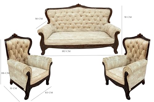 Image of Wooden 5 Seater Sofa Set with Table | Solid Wood Sofa 3+1+1 Dark Walnut Finish | Traditional Design Furniture for Living Room, Home, Office