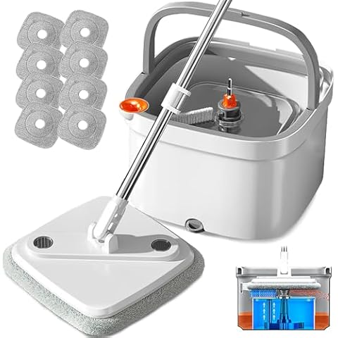 KZKR Spin Square mop and Bucket System with Wringer Set for Home with 8 Mop Pads (Grey,White) Cover