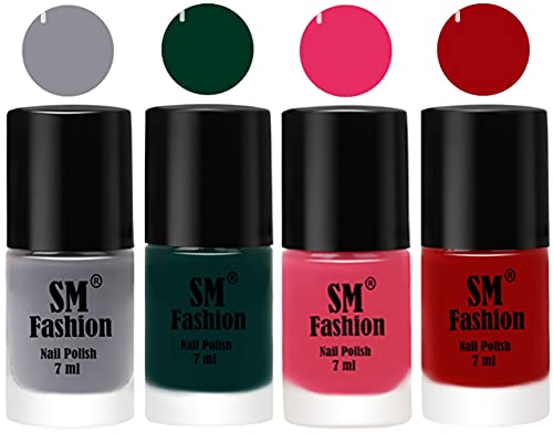 Image of Nail Polish Combo Set (Pack of 4) Quick Dry Gel Finish Nail Paint | Gray,Dark Green,Dark Rose Pink,Light Red | 7 ml Each