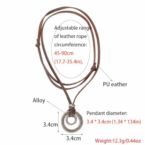 Leather Necklace for Men Double Circle Rings Leather Rope Pendant Necklace Punk Leather Chain Disc Ring Necklace Vintage Jewelry Gift4
