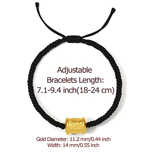 Zhou Liu Fu 24K Solid Gold Bracelet, Real Pure Gold Circle Jewelry Dainty Gold Cloud Pattern Charm Jewelry Adjustable Blessing Black Braided Bracelet For Men Teen Girls Lover #TOP1