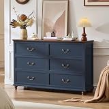 Joaxswe Farmhouse 6 Drawers Dresser for Bedroom, Vintage 54' Wide Chest of Drawers w/ 4 Wooden Legs, Rustic Large Closet Storage Dressers Organizer for Hallway, Wood TV Stand for Living Room, Blue