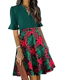 Holiday Dresses for Women 2025 Plaid Ruffle Sleeve V-Neck Fit and Flare Aline Cocktail Sunday Church Classy Elegant Petite Dinner Business Casual Interview Dress with Pockets L