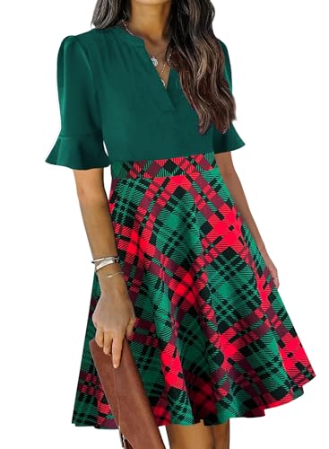 Image of Mokayee Womens Summer V Neck Ruffle Short Sleeve Fit and Flare Knee Length Church Wedding Guest Dresses with Pockets