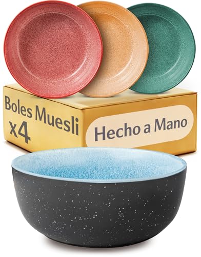 Cosumy Set de 4 Cuencos para Muesli en Gres (800ml Bowl)– Vajilla Artesanal con Esmalte Reactivo – Cuencos de Ceramica Apto para Microondas y Lavavajillas – Set de 4 Bol para Desayuno, Muesl & Bowls