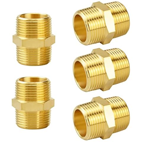 FENGCHUANG 5 Pcs of 1/2" InchThreaded Pipe Connection Male Thread x Male Threaded Joint, Brass Male to Male Straight Pipe Hexagonal Joint Male Threaded Connector Cover